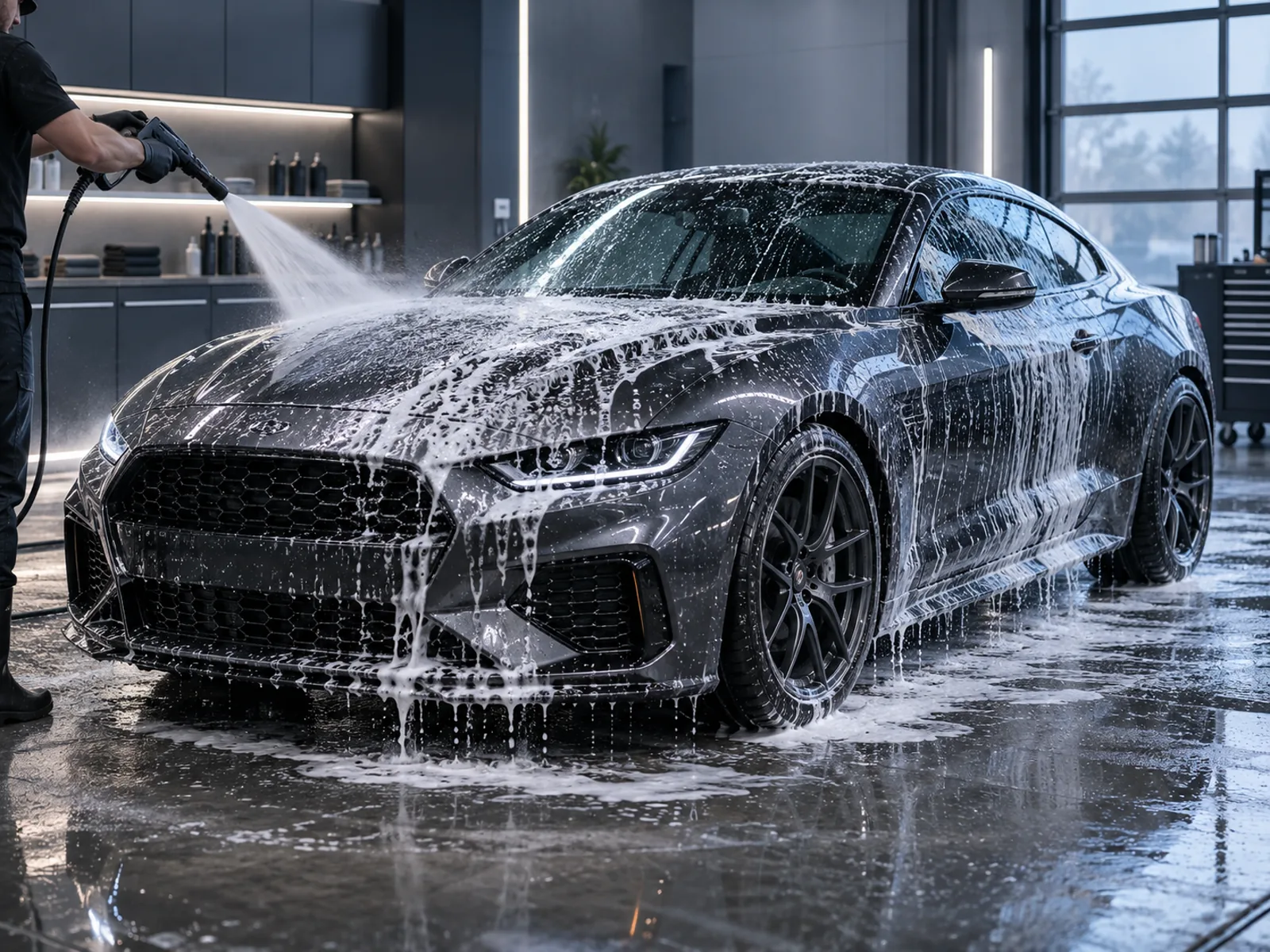 Premium exterior detailing on a graphite performance car