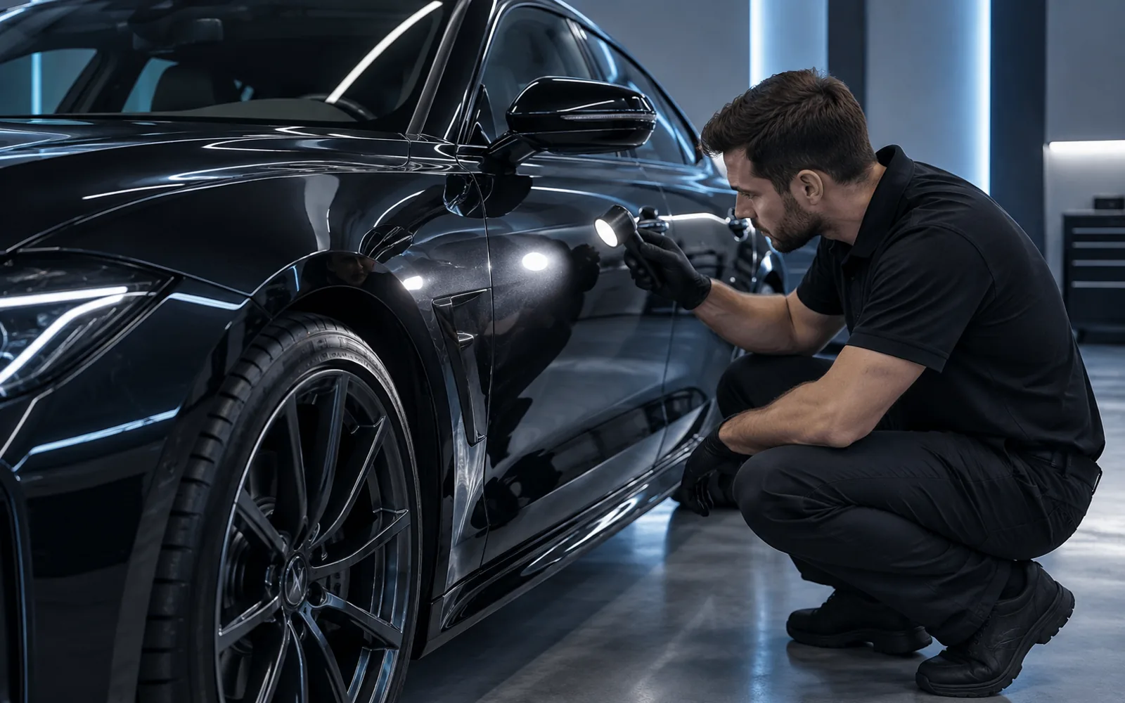A technician inspecting the finish of a dark vehicle under studio lighting