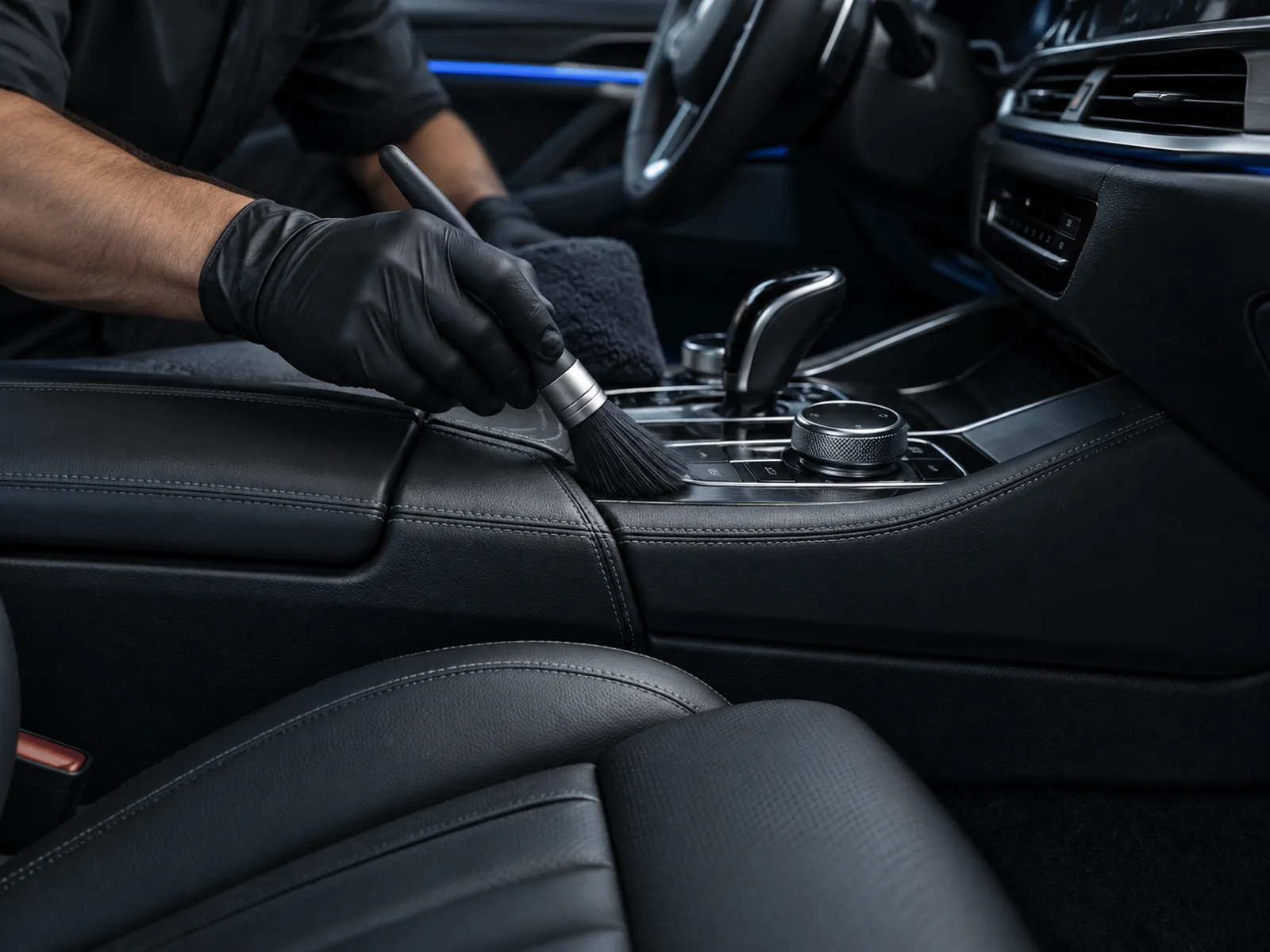 Careful detailing of a premium vehicle interior