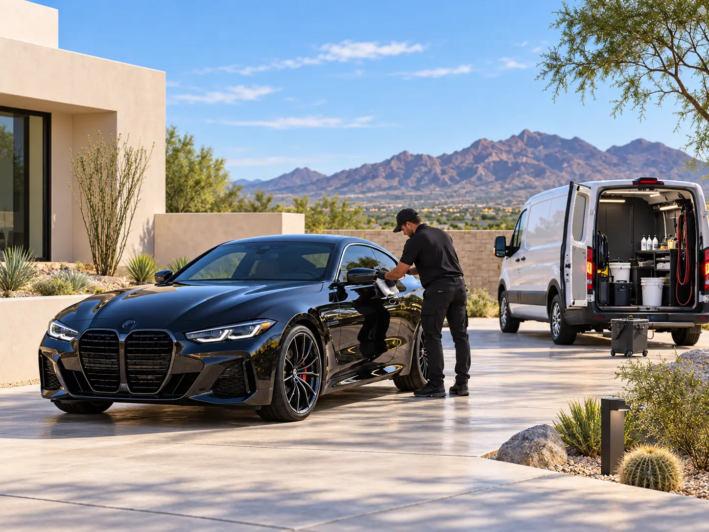 Professional mobile detailer cleaning a vehicle at an Arizona home